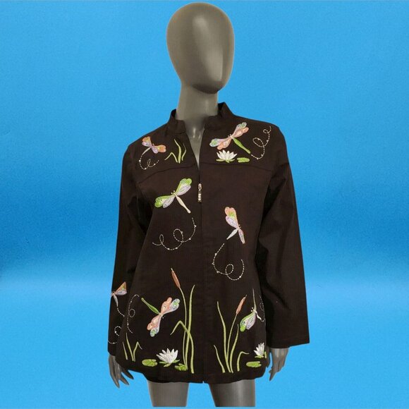 Quacker Factory Jacket Dragonfly Embroidered Black Coat Stretch Denium Medium - Picture 2 of 8